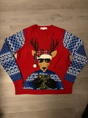 Red Reindeer Graphic Crewneck Sweater with Blue Fair Isle Sleeves